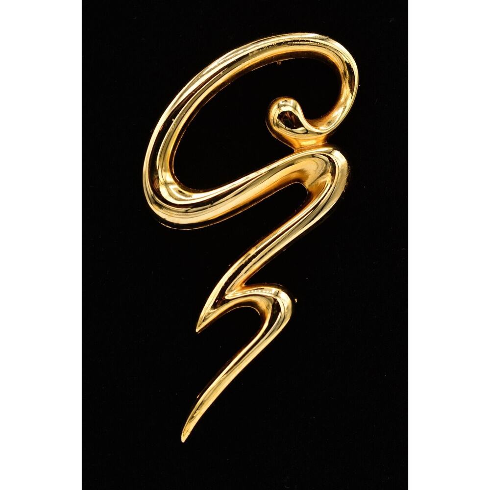 Vintage Ribbon Pin Brooch Gold Tone Swirl Abstract Zig Zag1980s BinJ